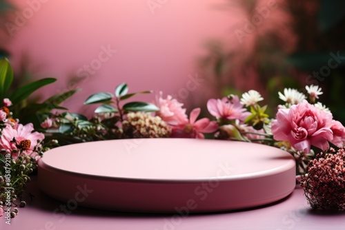 Product display podium with pink floral background.