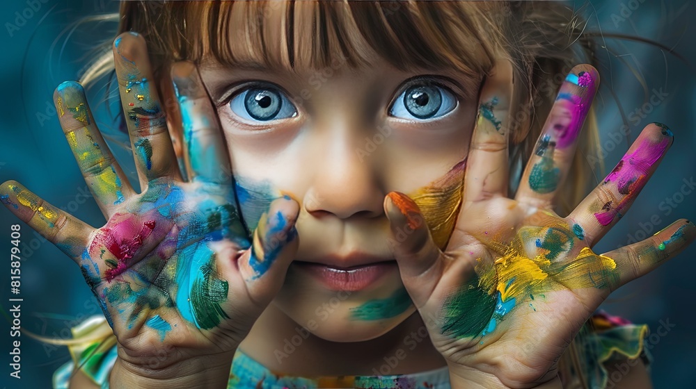 Portrait of a beautiful little girl with hands painted in bright colors Portrait of a beautiful little girl with hands painted in bright colors