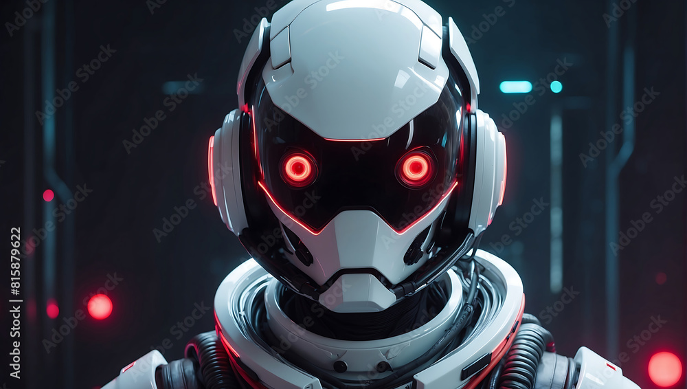 A futuristic humanoid robot dressed in sleek white armor with glowing red accents stands in a dimly lit hallway. Its helmet features illuminated red lines resembling eyes, and the background displays A futuristic humanoid robot dressed in sleek white armor with glowing red accents stands in a dimly lit hallway. Its helmet features illuminated red lines resembling eyes, and the background displays