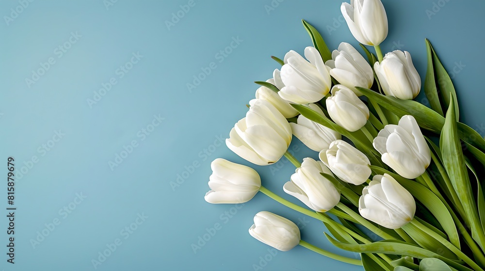 Fototapeta premium Elegant White Tulips Arranged on Blue Background, Perfect for Spring Themes and Floral Designs. Simple, Fresh, Beautiful. AI
