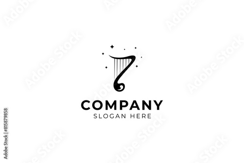 harp musical instrument logo with a combination of note shapes decorated with stars in a flat vector design style