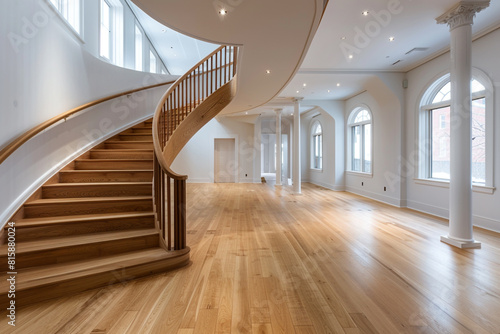 A spacious interior with a sweeping wooden staircase and minimalist railing  set against white walls and hardwood floors.