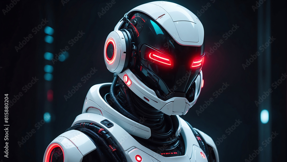 A futuristic humanoid robot dressed in sleek white armor with glowing red accents stands in a dimly lit hallway. Its helmet features illuminated red lines resembling eyes, and the background displays A futuristic humanoid robot dressed in sleek white armor with glowing red accents stands in a dimly lit hallway. Its helmet features illuminated red lines resembling eyes, and the background displays
