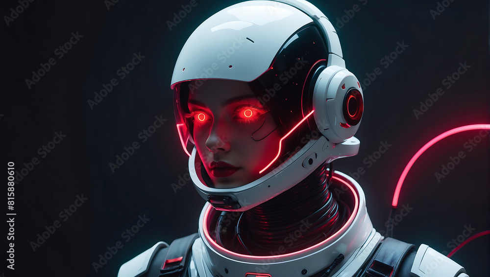 A futuristic humanoid robot dressed in sleek white armor with glowing red accents stands in a dimly lit hallway. Its helmet features illuminated red lines resembling eyes, and the background displays A futuristic humanoid robot dressed in sleek white armor with glowing red accents stands in a dimly lit hallway. Its helmet features illuminated red lines resembling eyes, and the background displays