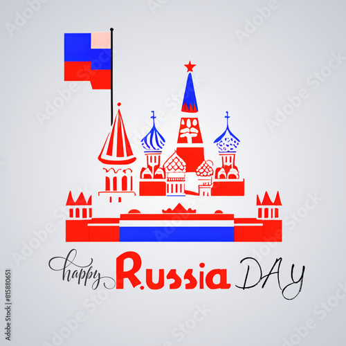 12 June Happy Russia day horizontal greeting card with colorful flying confetti and national flag of of Russian Federation. Along with the sights of Moscow Red Square and the balloon