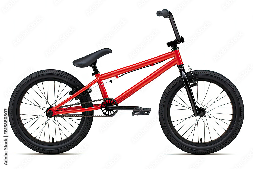 A red bike stands out against a plain white background, showcasing its vibrant color and classic design. Generative AI