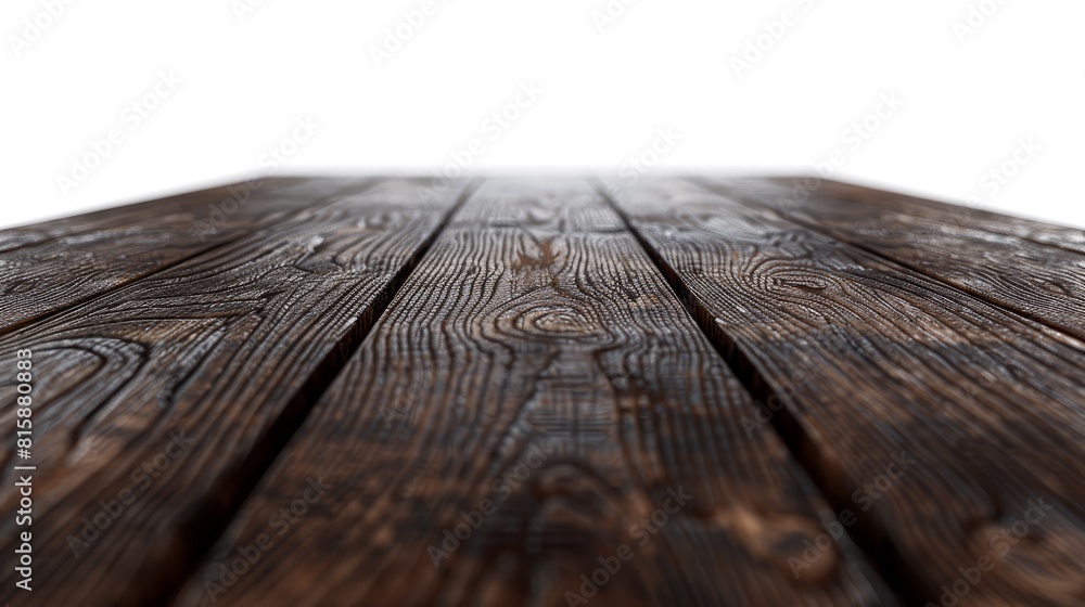 Illustrate a front view of an empty dark brown wooden table, close-up, surreal, Blend mode, positioned against a pure white background to highlight the wood's texture Illustrate a front view of an empty dark brown wooden table, close-up, surreal, Blend mode, positioned against a pure white background to highlight the wood's texture