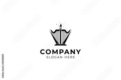 Harp plucked musical instrument logo with combination of candles in flat vector design style