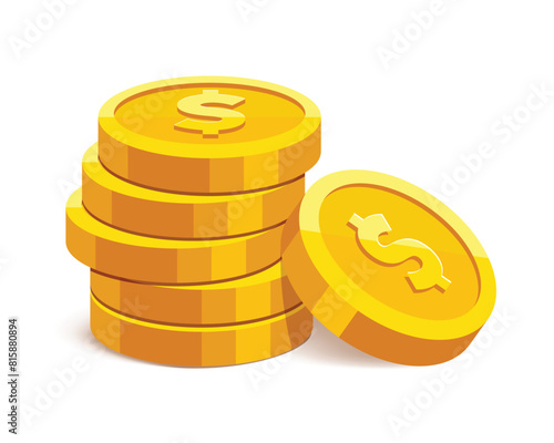 Gold coins with us dollar currency sign vector illustration isolated on white background. Money coin stack pile. Business and finance concept design element.