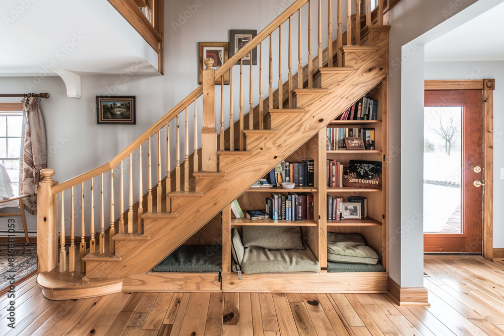 A twostory home with a traditional wooden staircase, featuring a builtin bookcase along the