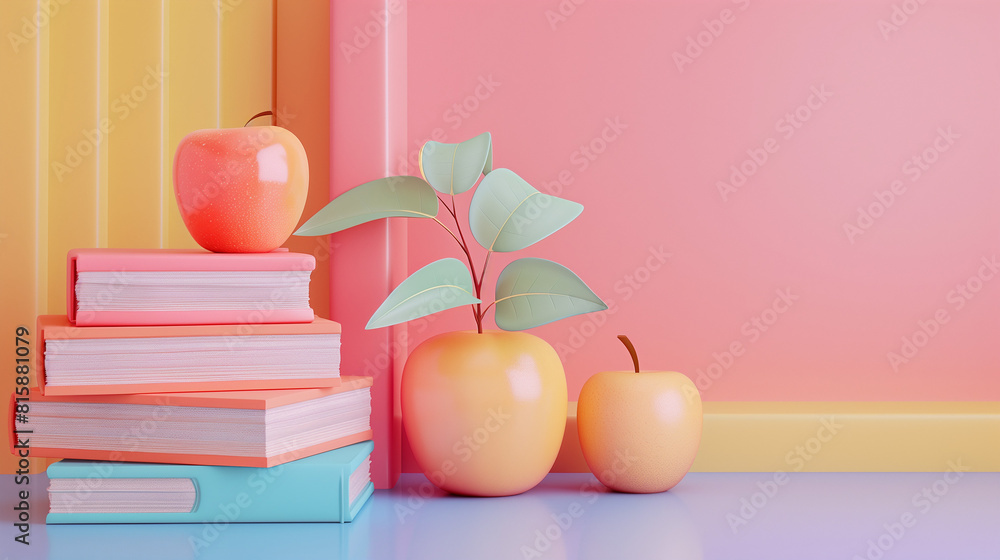 Fototapeta premium Books tower with apple isolated on white. Apple on a Stack of Book isolated on white background.