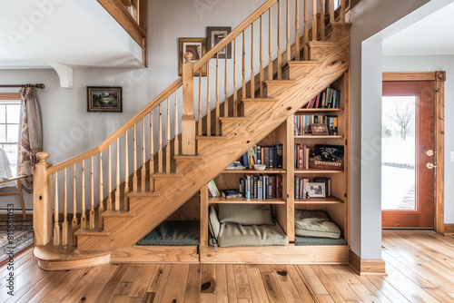 A two-story home with a traditional wooden staircase, featuring a built-in bookcase along the steps and a cozy reading nook under the staircase.