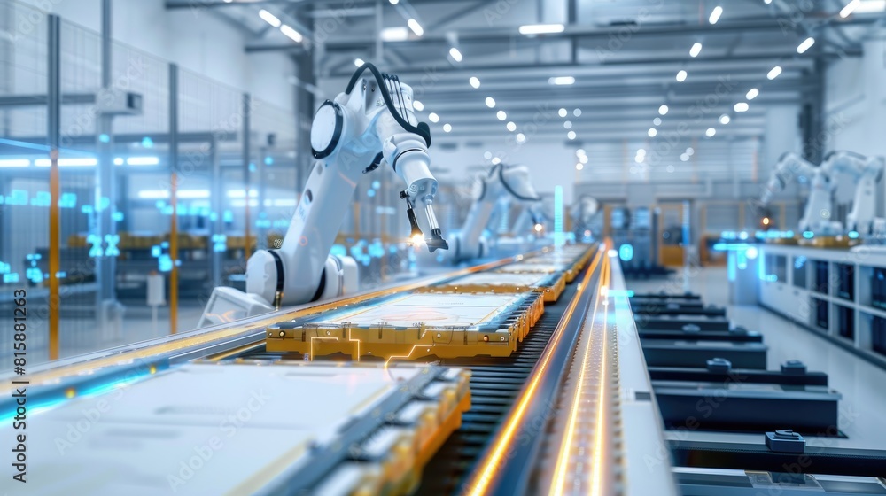 Fototapeta premium An electric vehicle battery unit in a modern industrial factory. EV trends. Production factory.