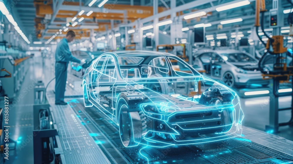 An electric vehicle battery unit in a modern industrial factory. EV trends. Production factory. An electric vehicle battery unit in a modern industrial factory. EV trends. Production factory.