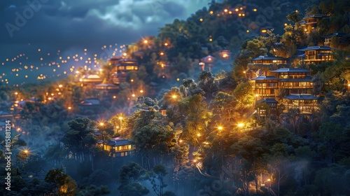 Vibrant Hillside Village Aglow with Colorful Lights Amidst Natural Surroundings
