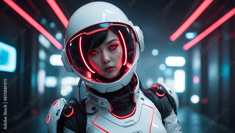 A futuristic humanoid robot dressed in sleek white armor with glowing red accents stands in a dimly lit hallway. Its helmet features illuminated red lines resembling eyes, and the background displays 