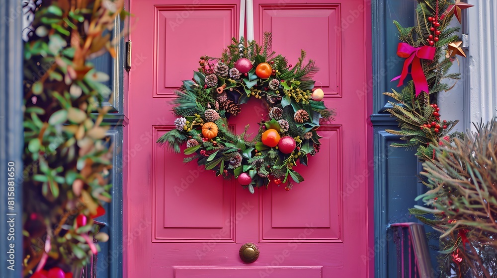 Naklejka premium Festive Holiday Wreath on Vibrant Pink Door, Traditional Christmas Decor, Welcoming Home Entrance. Seasonal Greetings. AI