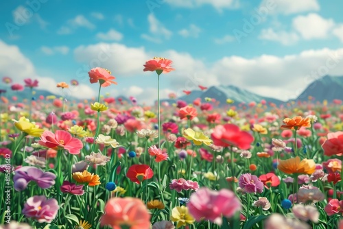 3D cartoon colorful flower field landscape background,
