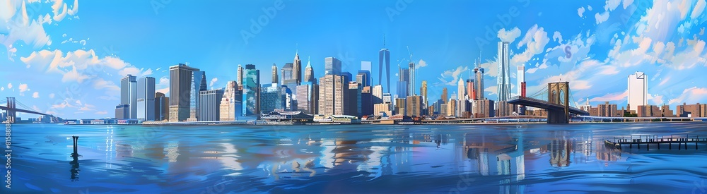 Naklejka premium Panoramic Skyline and Waterscape View, Urban Cityscape with Clouds. Serene Atmosphere in a Modern Metropolitan Panorama. Digital Artwork for Background Use. AI