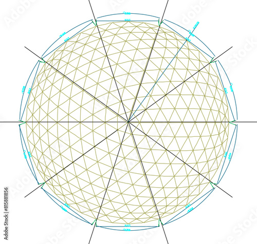 Vector illustration sketch of technical drawing for the construction of a semi-circular dome with a steel frame