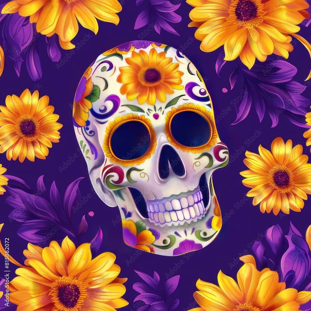 Seamless pattern for the day of the dead. Skull and marigolds on a purple background. Mexico. Seamless pattern for the day of the dead. Skull and marigolds on a purple background. Mexico.