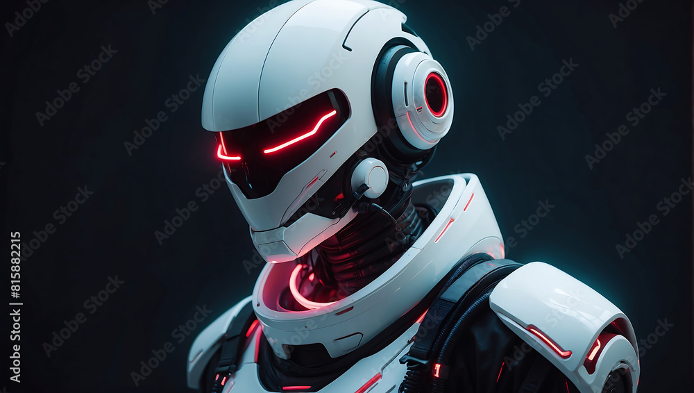 A futuristic humanoid robot dressed in sleek white armor with glowing red accents stands in a dimly lit hallway. Its helmet features illuminated red lines resembling eyes, and the background displays A futuristic humanoid robot dressed in sleek white armor with glowing red accents stands in a dimly lit hallway. Its helmet features illuminated red lines resembling eyes, and the background displays