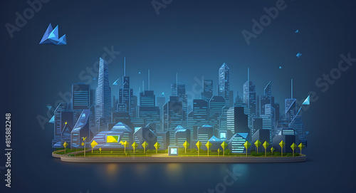 Abstract Smart city or network with Low poly wireframe holograms. Isolated on a dark blue background. digital points and lines. Wireless smart city or network 