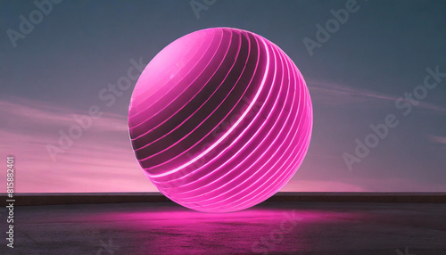 Abstract futuristic holographic sphere on landscape background  pink colours glowing ball shape