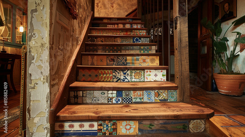 A vintage-inspired home with a reclaimed wooden staircase, each step adorned with different historical tiles, creating a unique and colorful ascent.