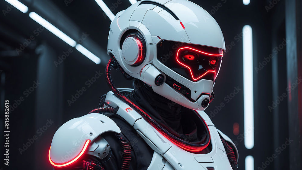 A futuristic humanoid robot dressed in sleek white armor with glowing red accents stands in a dimly lit hallway. Its helmet features illuminated red lines resembling eyes, and the background displays A futuristic humanoid robot dressed in sleek white armor with glowing red accents stands in a dimly lit hallway. Its helmet features illuminated red lines resembling eyes, and the background displays