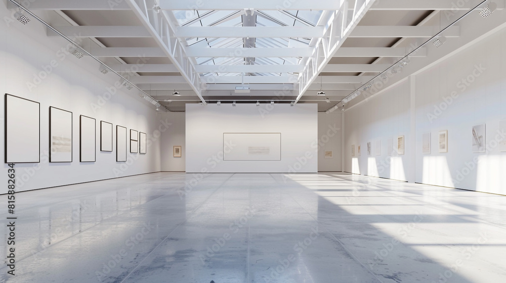 Gallery with a minimalist aesthetic, featuring high ceilings and a broad white exhibition wall. Gallery with a minimalist aesthetic, featuring high ceilings and a broad white exhibition wall.