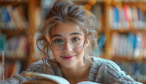 Smiling teenage student studying in a library, surrounded by books, style serene and focused, soft pastels, digital painting