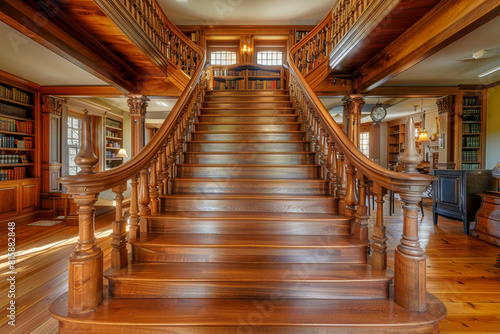 A vintage-inspired wooden staircase with carved newel posts and a rich stain, leading up to a second-story library with classic design elements.