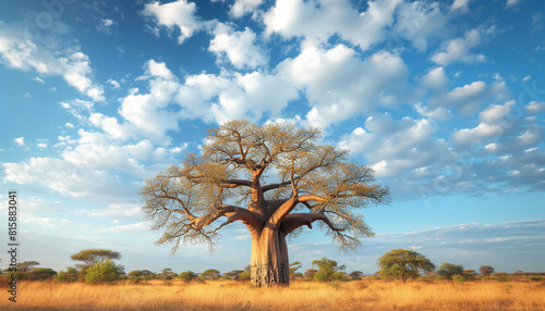 A high-resolution photograph the sprawling branches of an ancient baobab tree  standing tall in an African savanna under a vast sky