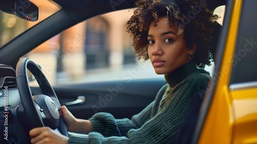Confident Young Woman Driving Yellow Car in City. Casual Fashion, Urban Lifestyle, and Modern Youth. Profile View of Curly-Haired Driver at the Wheel. AI photo