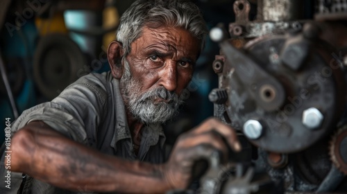 An up-close portrait of a seasoned worker, his hands worn yet skilled, meticulously operating machinery, the details in his expression © Sasint