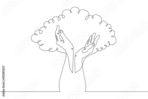 One continuous line.Ecology symbol. Silhouette of a tree. Crown of a tree, arms trunk. Human hands are like a tree.One continuous drawing line logo isolated minimal illustration.