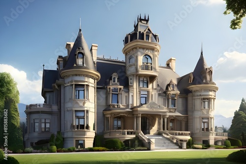 A stately mansion crowned with ornate turrets and spires, commanding attention against the skylin photo