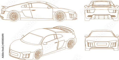Vector illustration sketch of luxury sedan car design from various perspectives