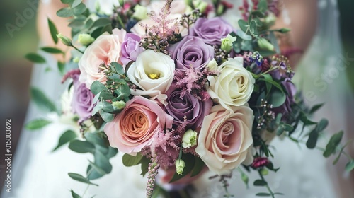 A bouquet of flowers with white  pink  and purple roses along with some greenery and a white ribbon at the base.  