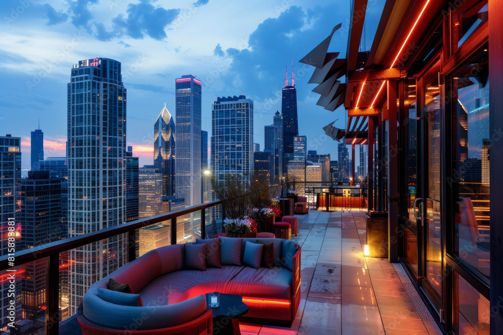 Obraz premium A city rooftop bar with panoramic skyline views, sleek modern decor, and handcrafted cocktails, offering a stylish and sophisticated ambiance for guests to unwind and enjoy.