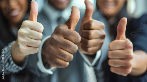 Close-up of a diverse team of colleagues in business attire, giving thumbs up gestures with genuine smiles, symbolizing endorsement and appreciation for a successful project. photo
