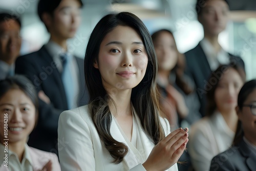 In a bustling office environment, a young Asian businesswoman stands poised and confident, expressing gratitude to her colleagues for their support and collaboration during her presentation.