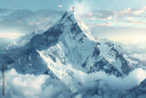 a banner showcasing the conquering of new heights with a mountain peak adorned with a flag at the summit photo