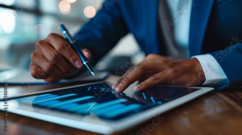 A businessman analyzing financial charts on a digital tablet, making strategic decisions based on market trends.