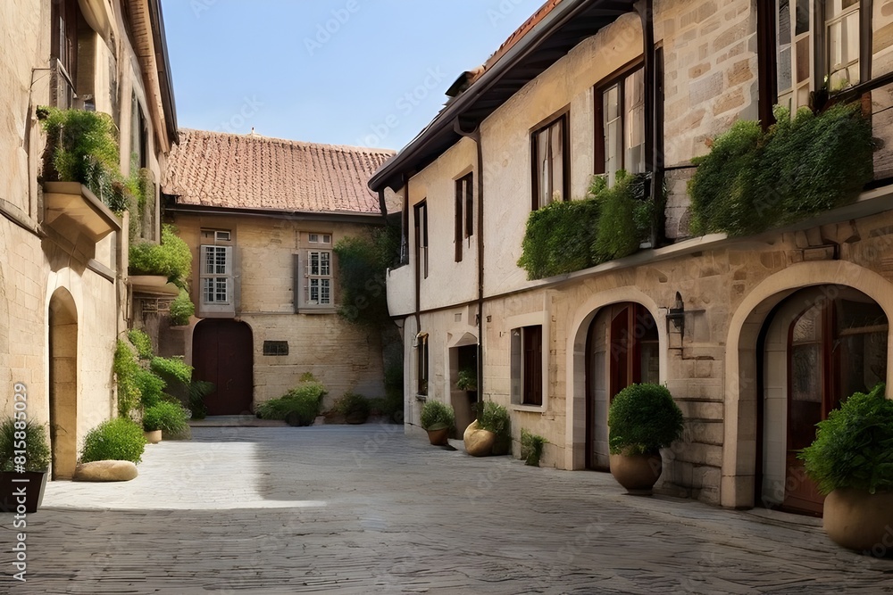A cobblestone courtyard overlooked by the tiled roofs of centuries-old townhouses, steeped in history A cobblestone courtyard overlooked by the tiled roofs of centuries-old townhouses, steeped in history