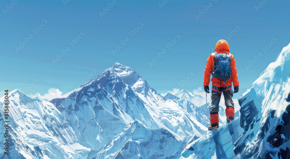 The back of an mountaineer in orange suit, climbing the top mountain with snow and clouds around him
