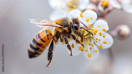 A flying honey bee flying to a yellow flower on a white or transparent background cutout. Bee on a flower