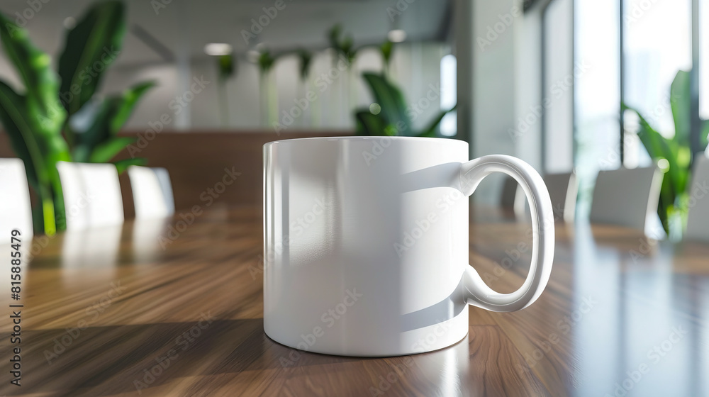 White coffee mug on wooden table. White coffee mug on wooden table.