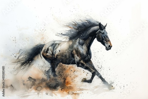 Expressive and dynamic hand-drawn black horse watercolor painting with galloping motion, artistic brush strokes, and splashes, creating a majestic and wild equine illustration © anatolir